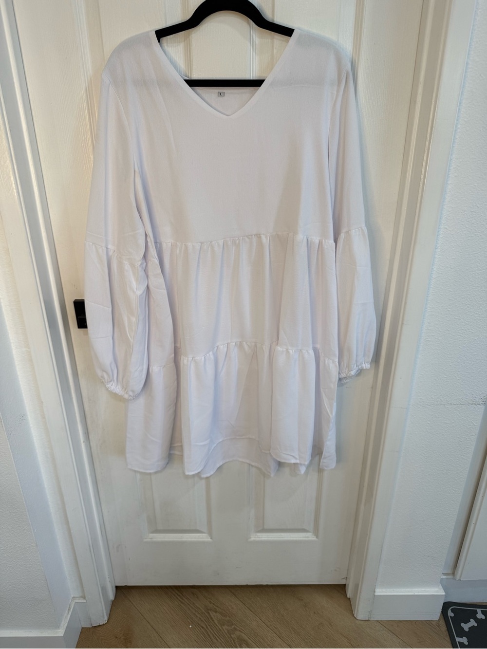 White Tiered Babydoll Dress Large Boho Flowy Long Sleeve
